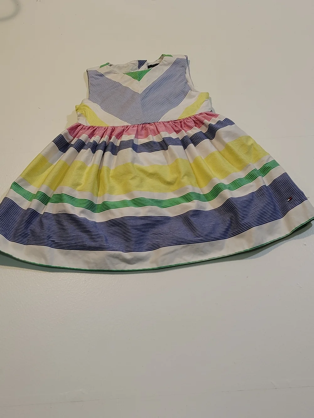 Girls' Multicolor Stripe Cotton Dress - White, Yellow, Blue